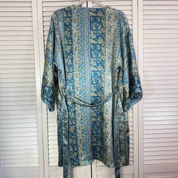 Oscar De La Renta Satin Kimono Robe Belted Paisley Blue Mobwife Sleepwear Small - Picture 8 of 9